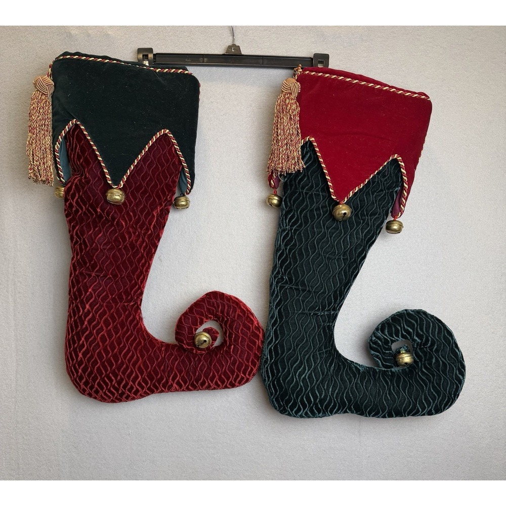 Vintage Christmas Stockings Pair Velvet Jester Harlequin Red Green Gold Bells